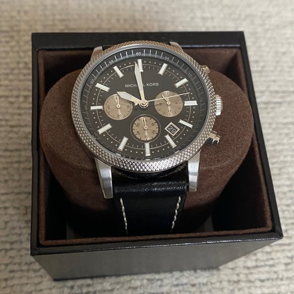 Men's Michael Kors Black Leather Band Watch - Picture 1 of 6